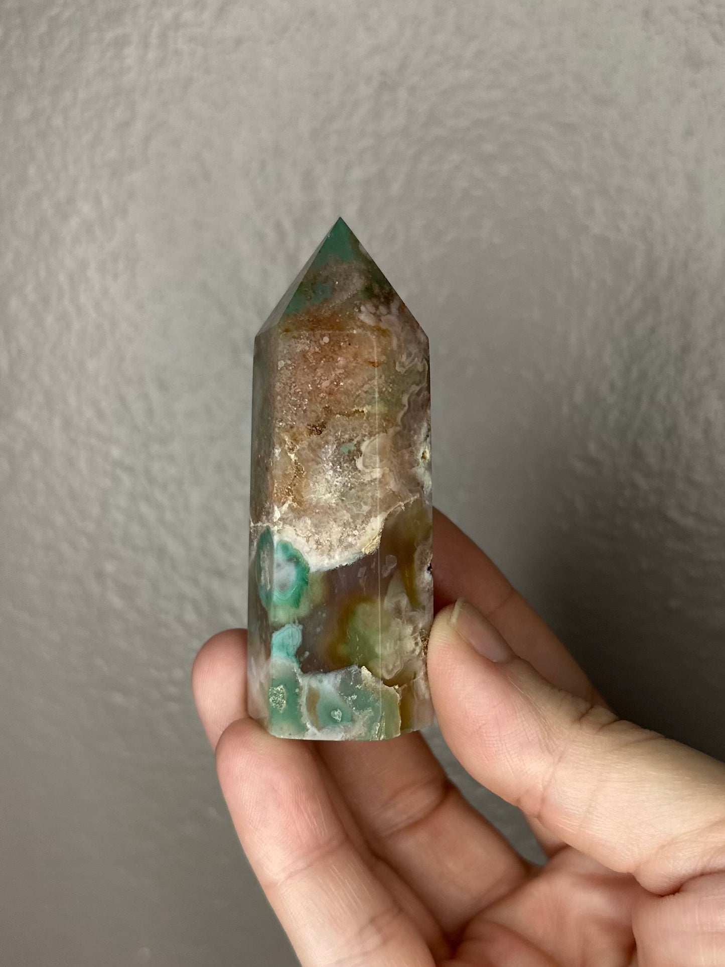 Green Flower Agate with Pink Amethyst and Carnelian Tower E15