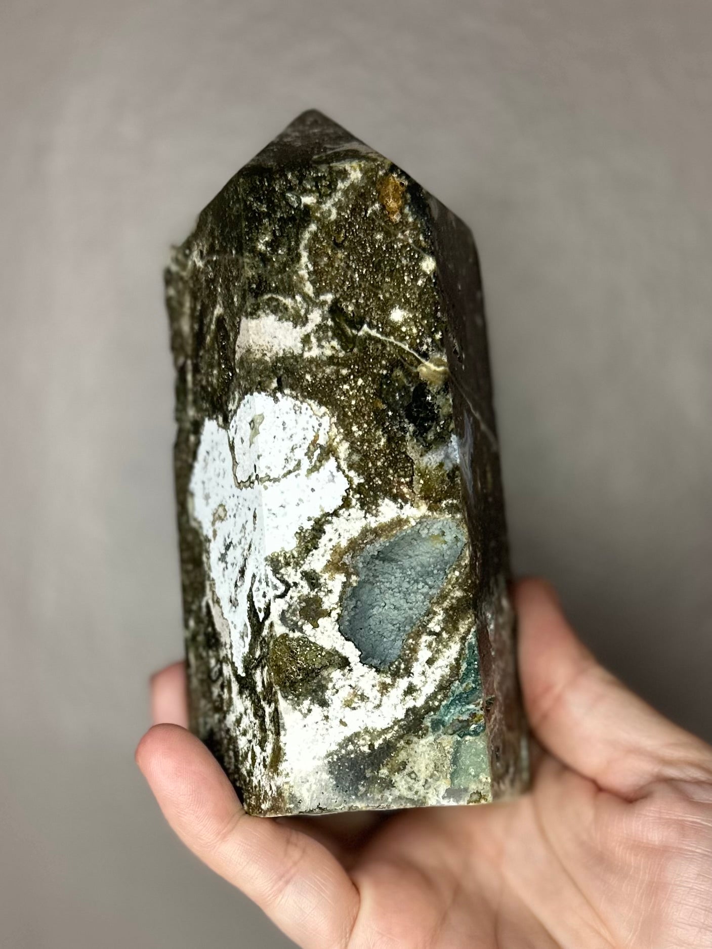 Deep Green Ocean Jasper Tower with Druzy