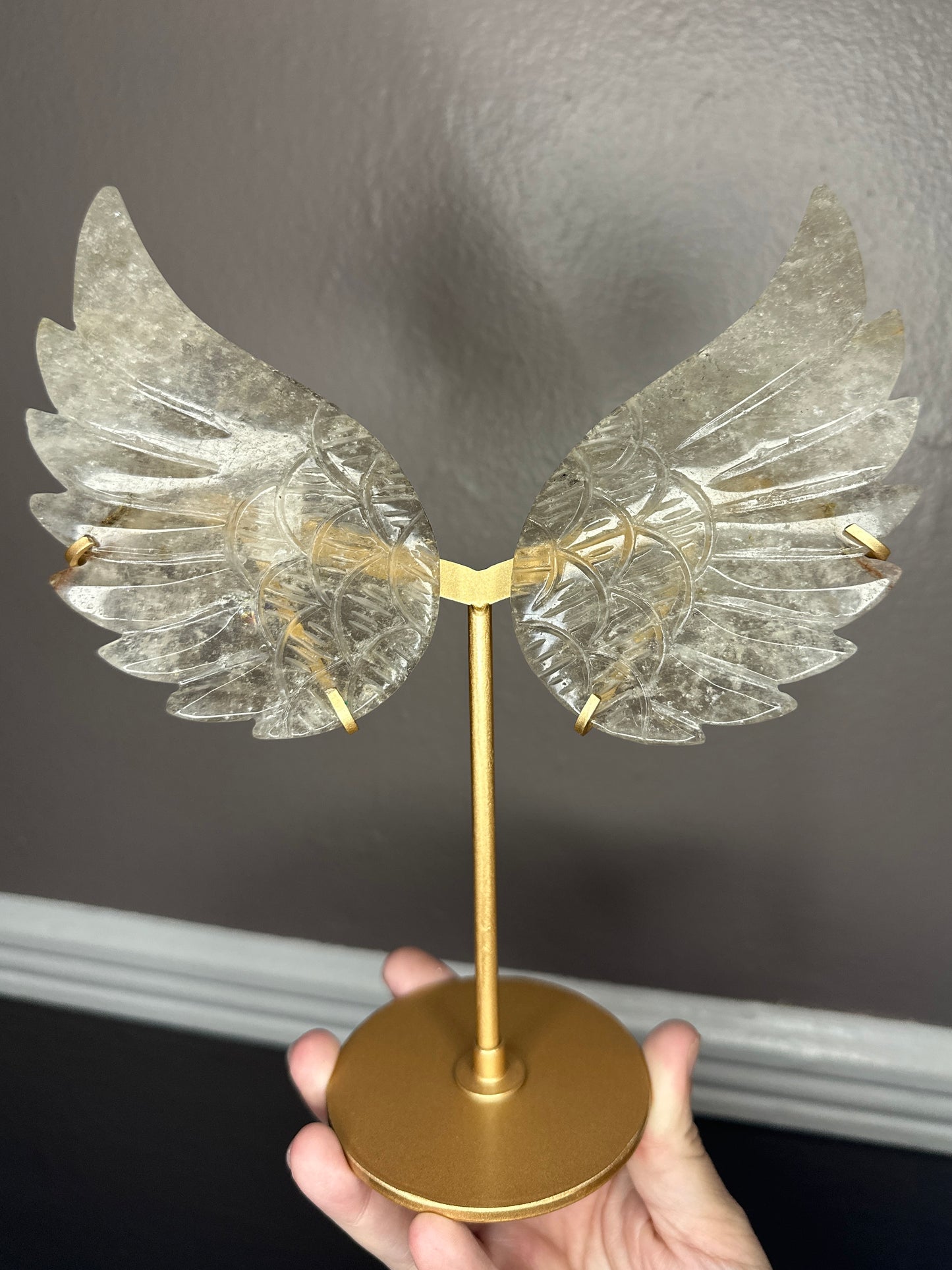 Natural Smokey Quartz Angel Crystal Wings Carving On Gold Display Stand