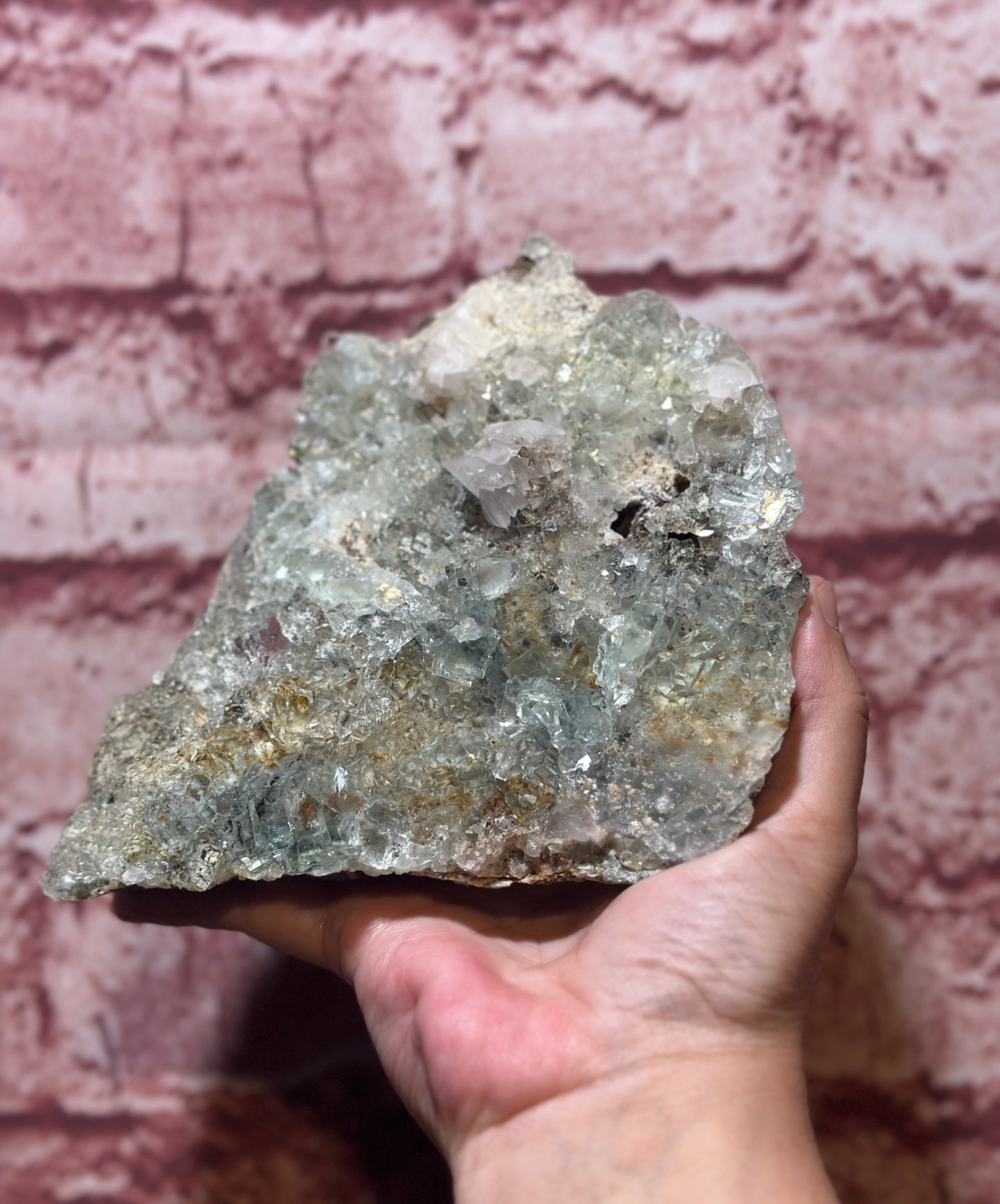 Clear Fluorite with calcite dendritic inclusions on  dendritic matrix ( uv reactive ) - comes with a complementary crystal display stand 