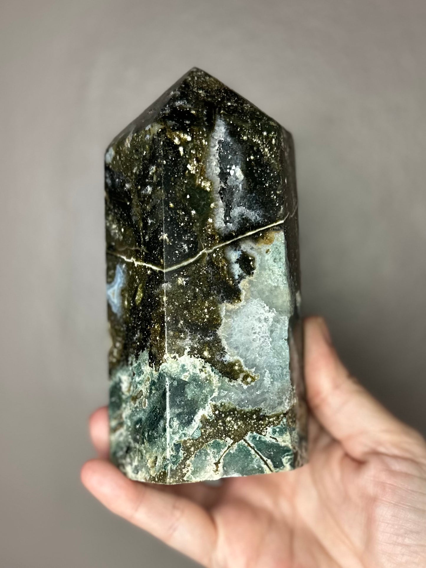 Deep Green Ocean Jasper Tower with Druzy