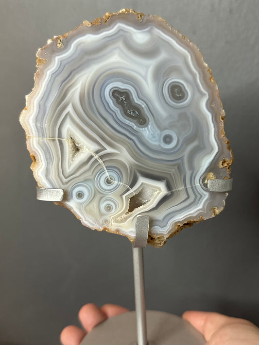 Blue Lace Agate With Moss Agate Inclusions Slab on custom display stand