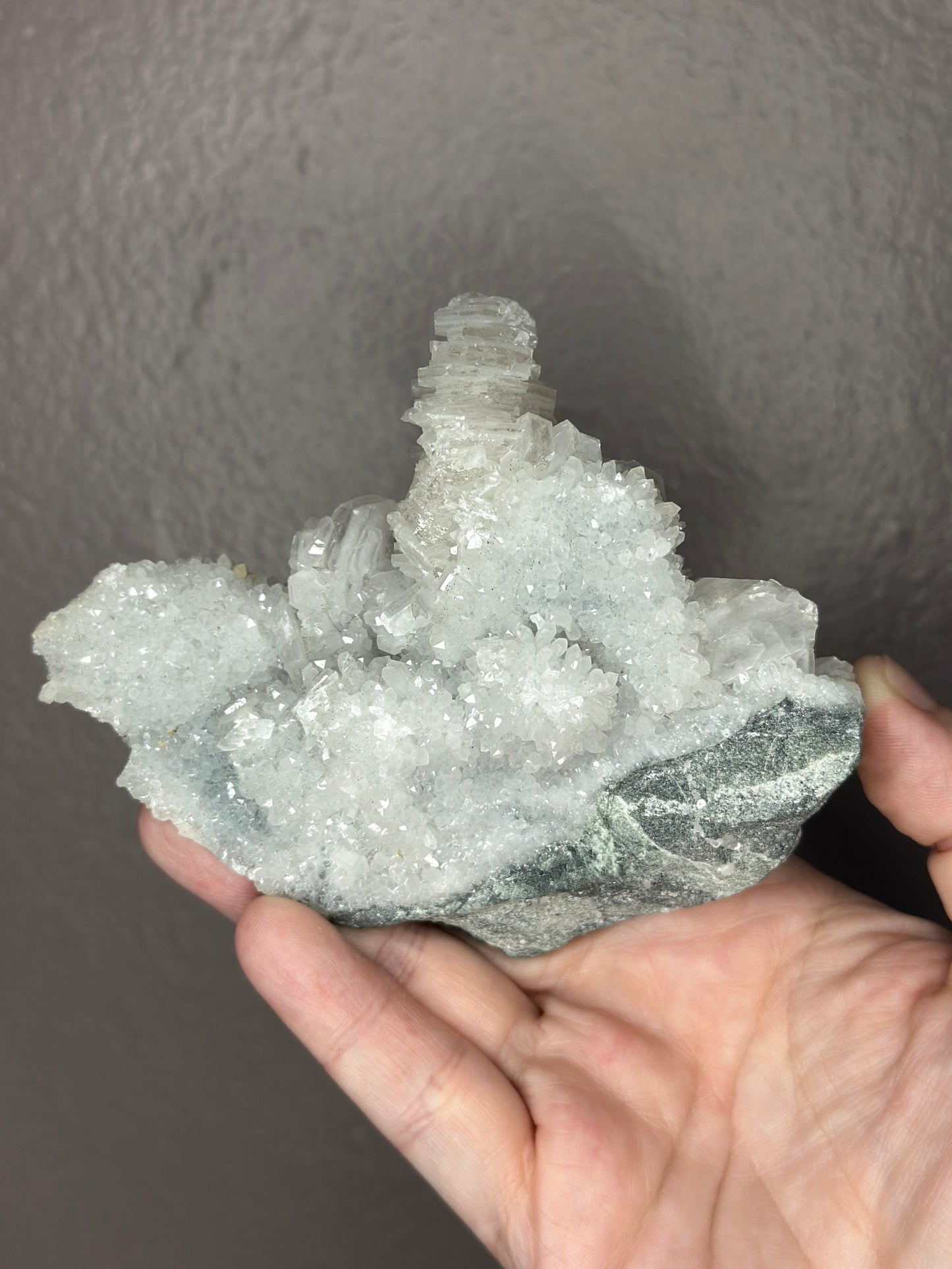 Hexagonal Sandwich Calcite on Quartz Pink Uv Reactive Crystal