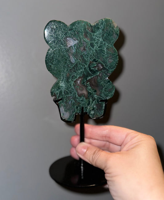 Moss Agate Bear ( 2 ) on custom spinning stand