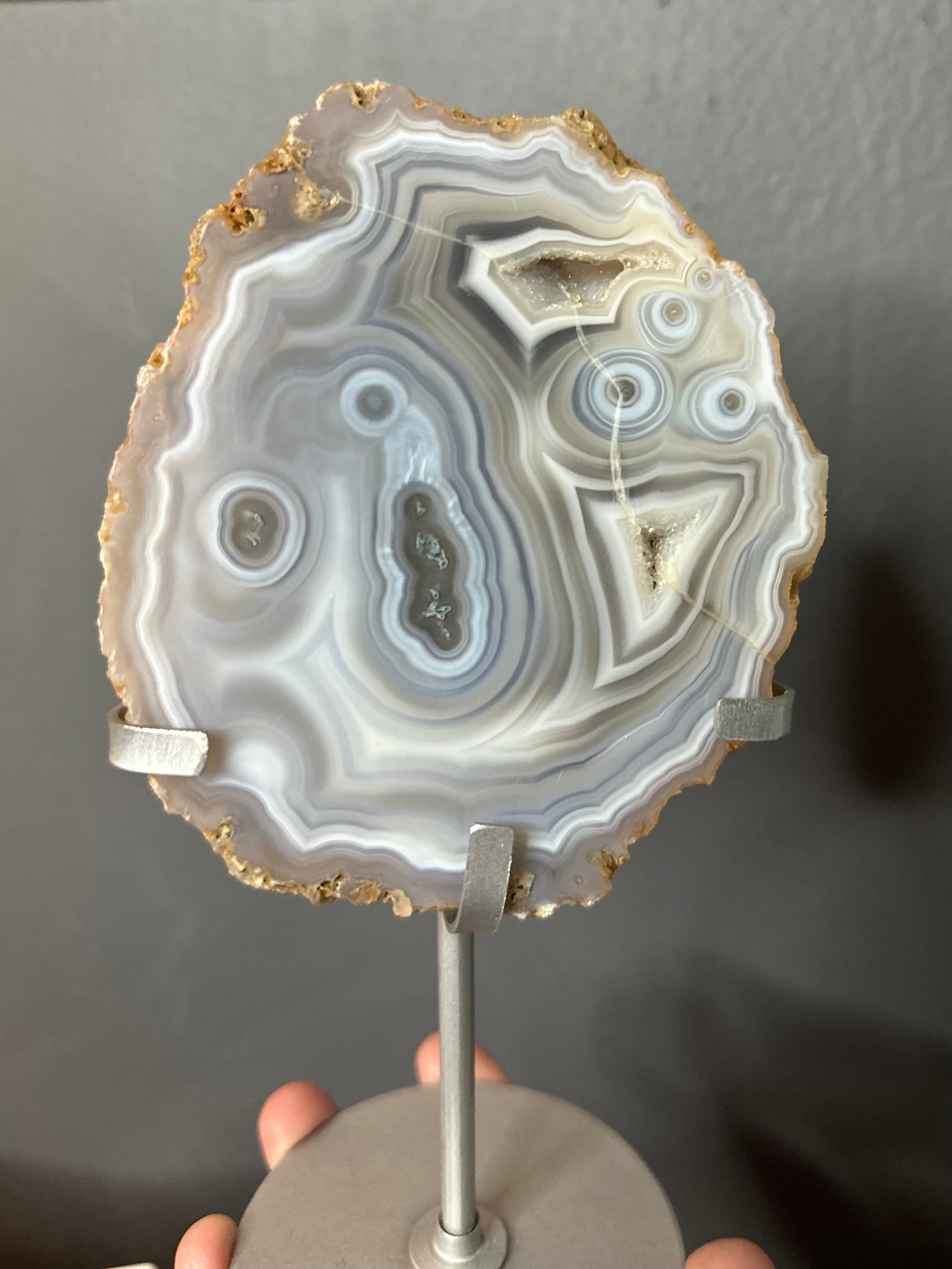 Blue Lace Agate With Moss Agate Inclusions Slab on custom display stand