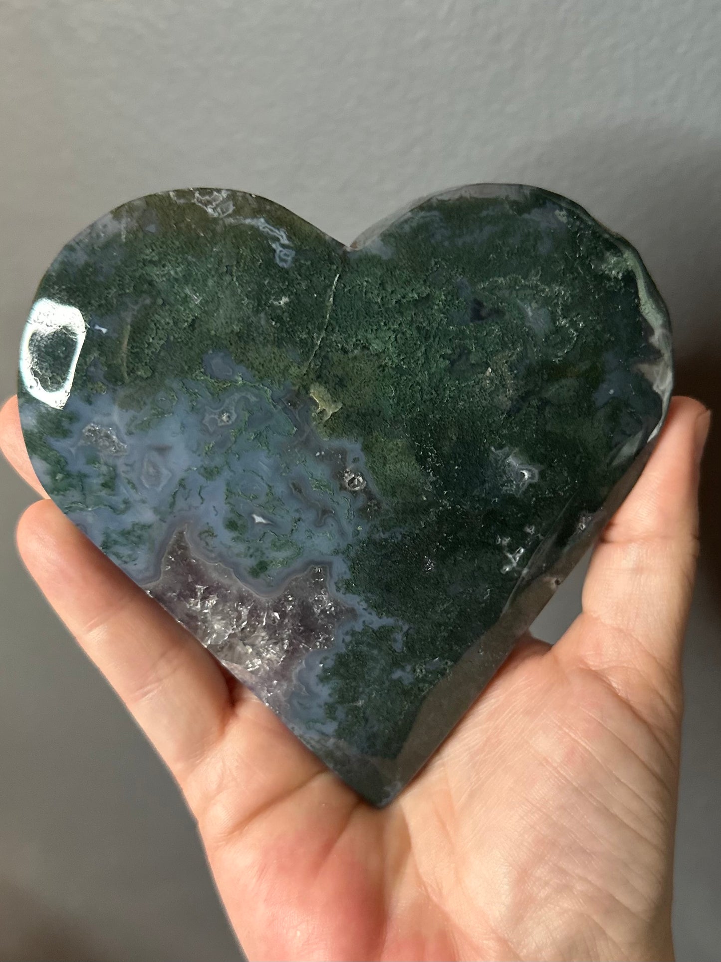 Moss Agate With Amethyst Druzy Inclusions Crystal Heart Carving On Display Stand