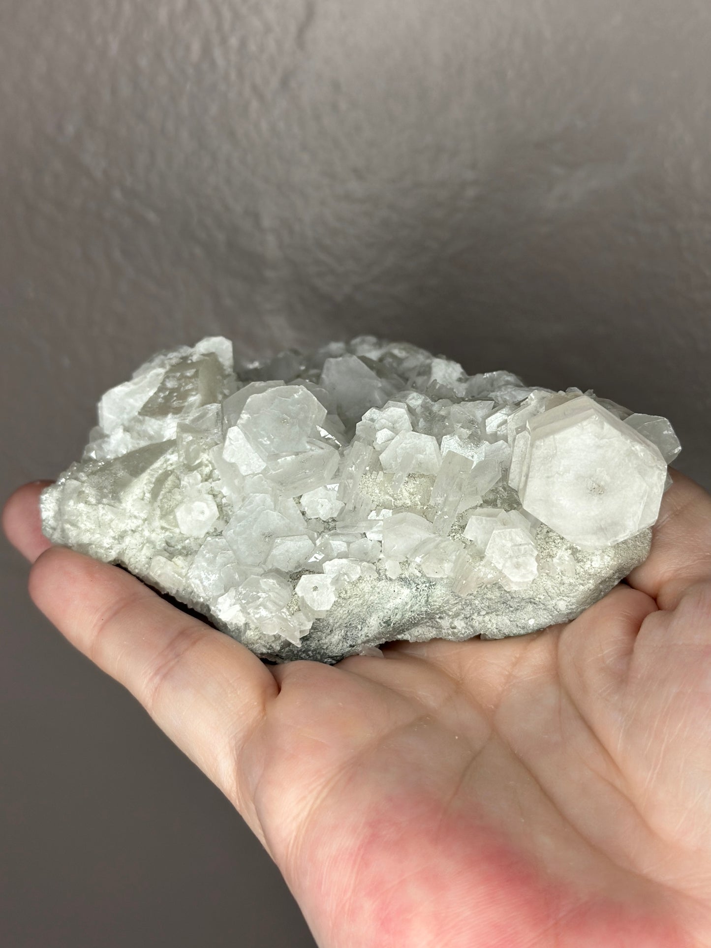 Hexagonal Sandwich Calcite on Quartz and Sphalerite Matrix Pink Uv reactive Crystal