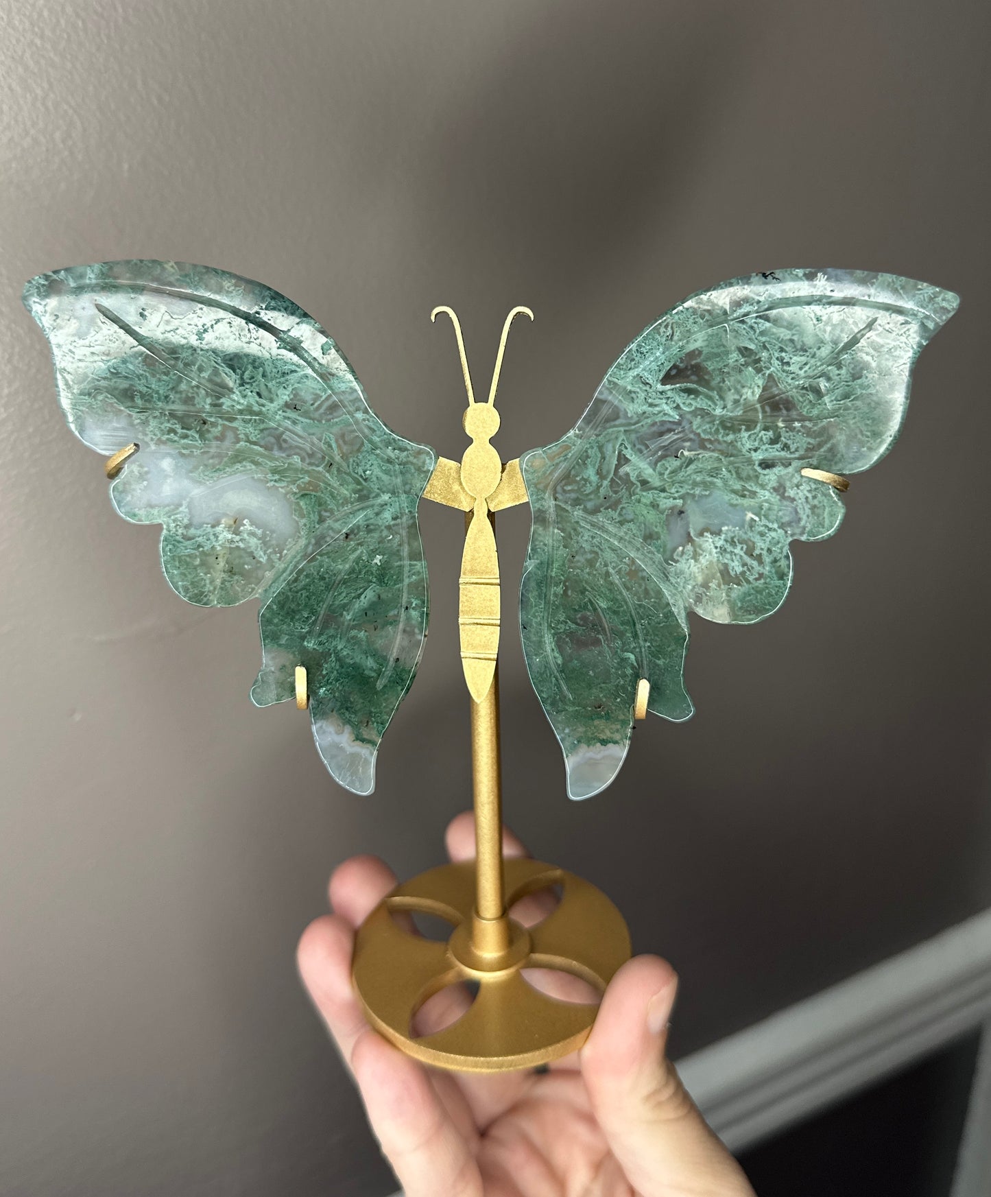 Moss Agate Butterfly Crystal Wings on a Display Stand