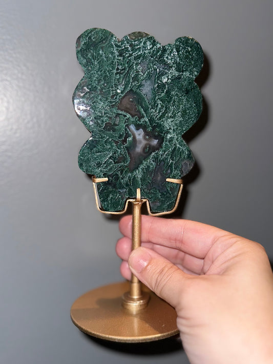 Moss Agate Bear ( 1 ) on custom spinning stand