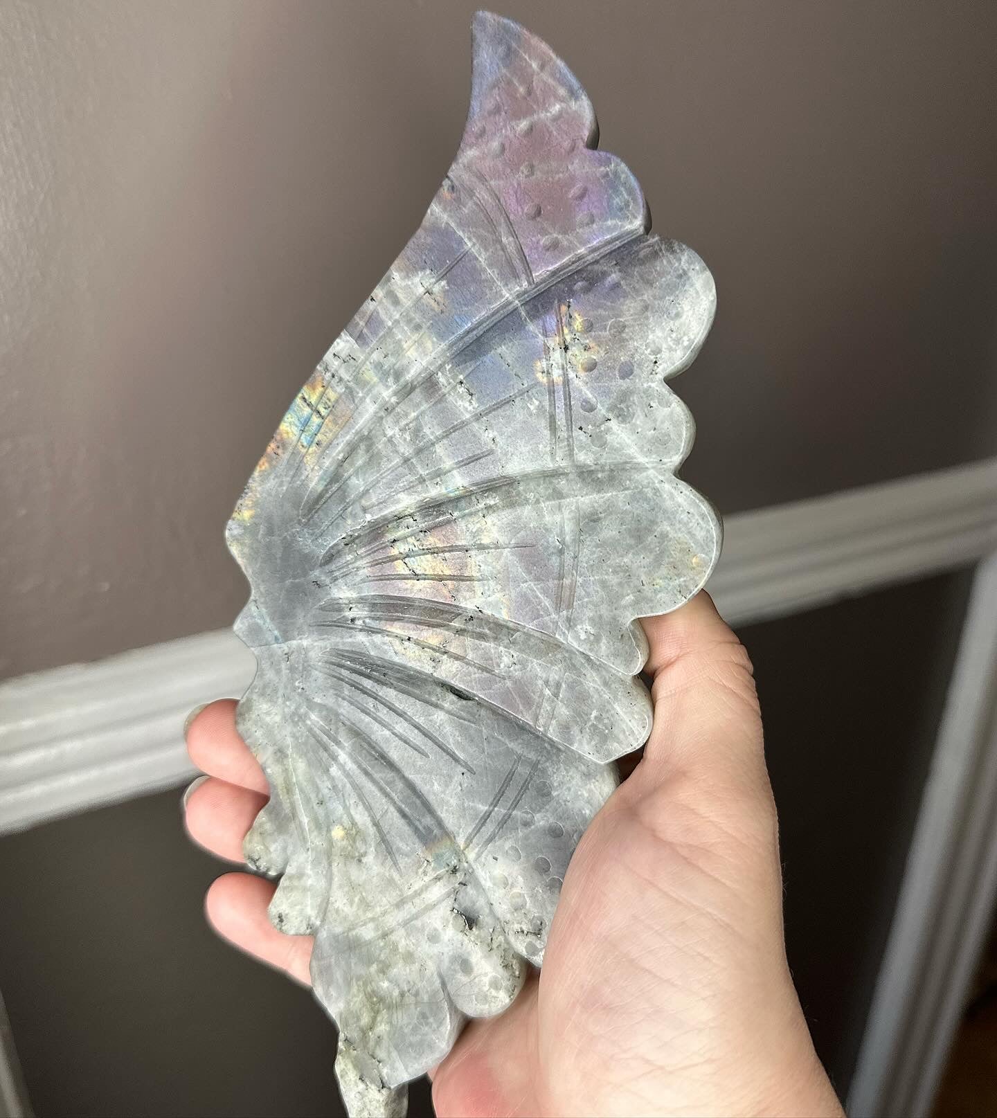 Big Labradorite Butterfly Wing Set On Golden Display Stand