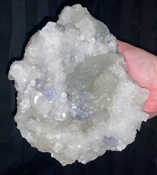 XL UV Reactive Fluorite on Collector quality Apophyllite with small Pyrite inclusions - Rare Find Fujan Fluorite ( comes with custom display stand )